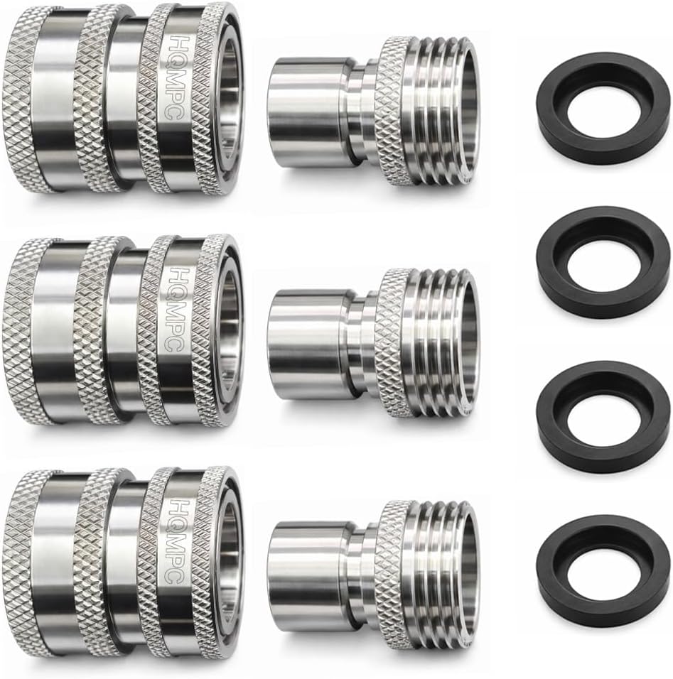 HQMPC Stainless Steel Garden Hose Quick Connect Fittings 3 Set With 4 Gasket 3/4 inch GHT Stainless Steel 304 Garden Hose Quick Connector Easy Connect Fitting (3 SETS)