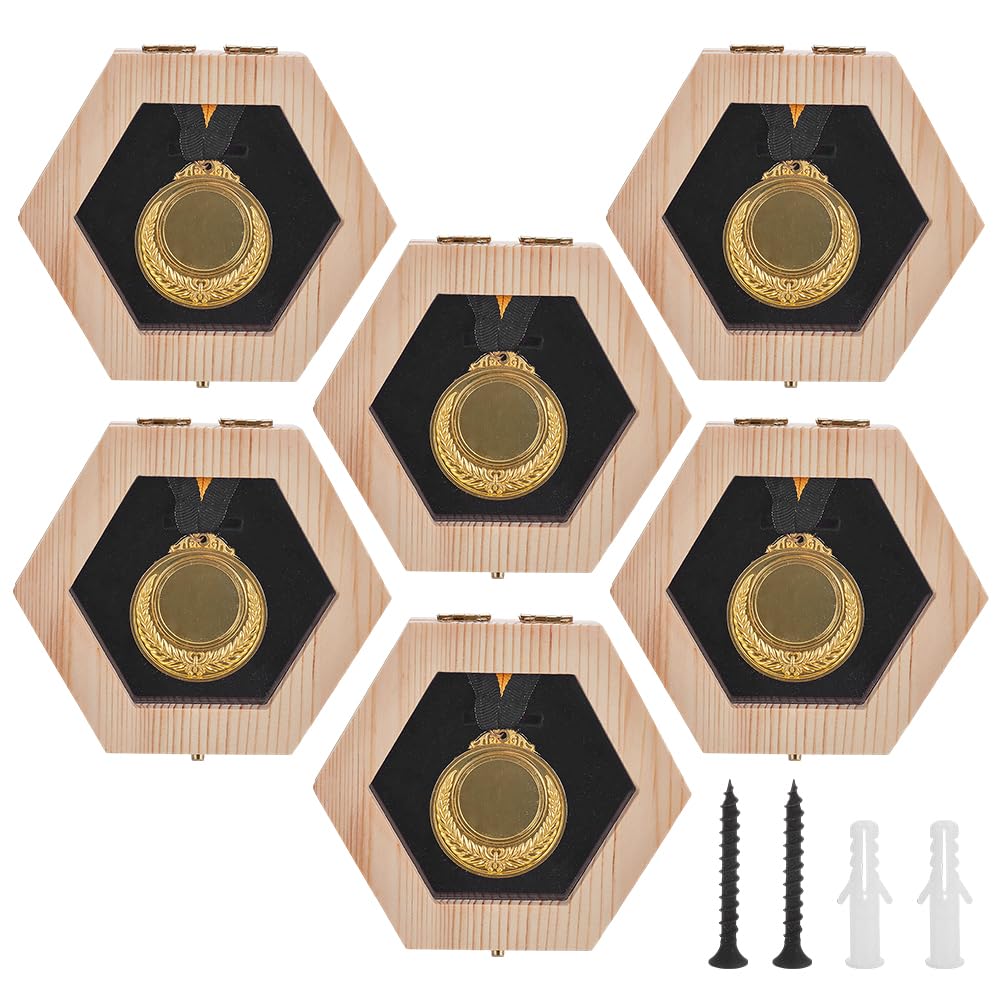 PH PandaHall Juego de 6 soportes de madera para medallas hexagonales, caja de almacenamiento de medallas, caja de medallas de montaje en pared con esponja para deportes, maratón, carreras,