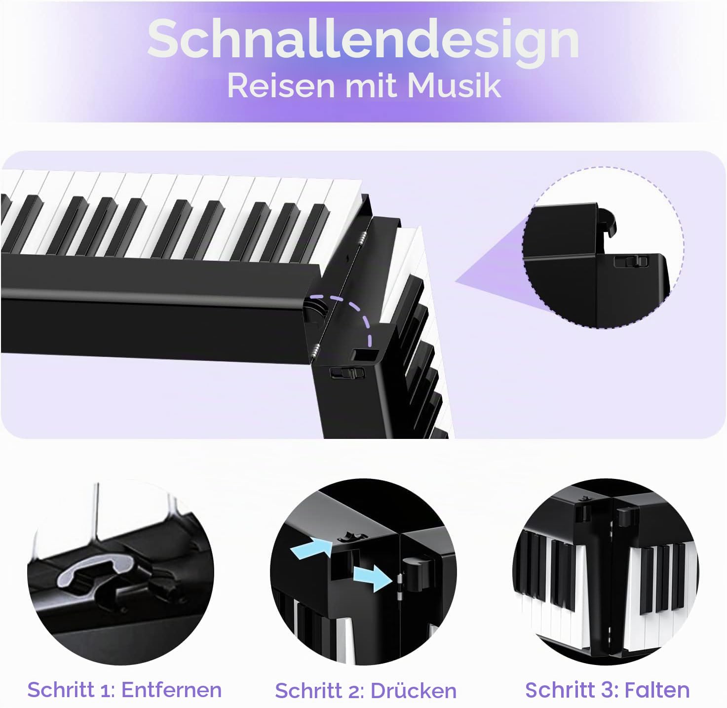 TERENCE E-Piano 88 Tasten faltbar halbgew. BT/MIDI 1800mAh | Keyboard Piano Inkl. Pedal, Notenständer, Audiokabel. 8h Akku. Perfekt für Anfänger, Zuhause oder unterwegs