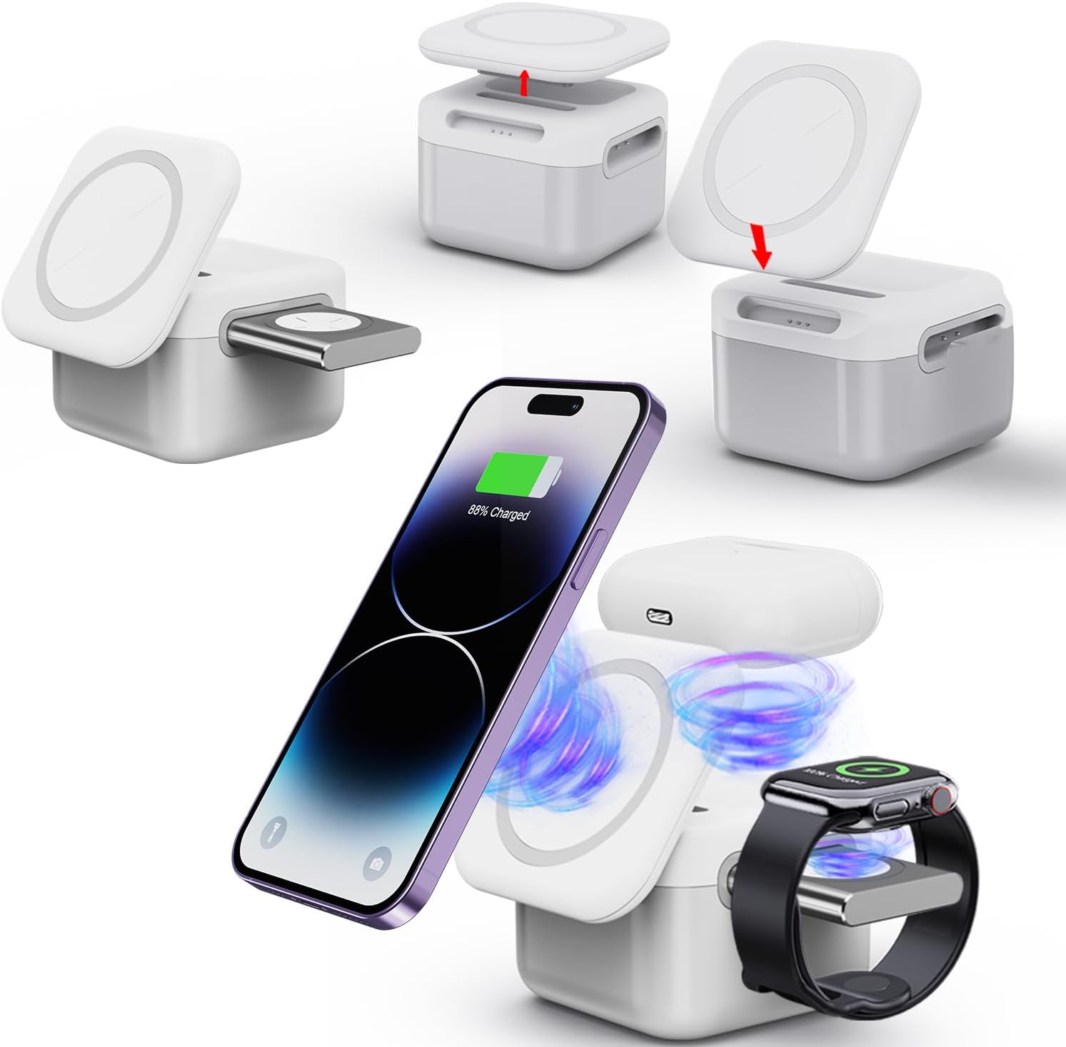 Amozo Wireless Charger 3-in-1 Foldable Compact Magnetic Mag-Safe for iPhone 16/15/15 Pro /14/13/12, for Airpods 3rd/2nd gen, for Watch Series 9/8/7/6/5/4/SE- H31- (White)