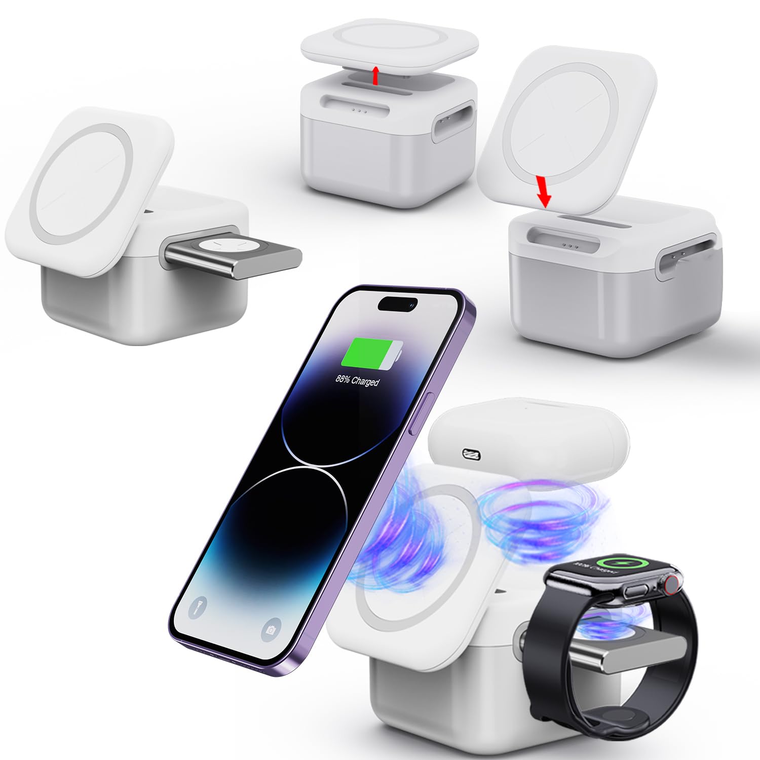 Amozo Wireless Charger 3-in-1 Foldable Compact Magnetic Mag-Safe for iPhone 16/15/15 Pro /14/13/12, for Airpods 3rd/2nd gen, for Watch Series 9/8/7/6/5/4/SE- H31- (White)