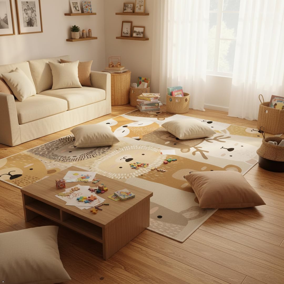 Cute Woodland Animal Rug for Kids Room - 5x8 ft Cartoon Bear Fox Lion Hedgehog Print Area Rug, Soft Non-Slip Floor Mat for Living Room, Nursery, Bedroom - Beige Brown Grey Animal Pattern Carpet