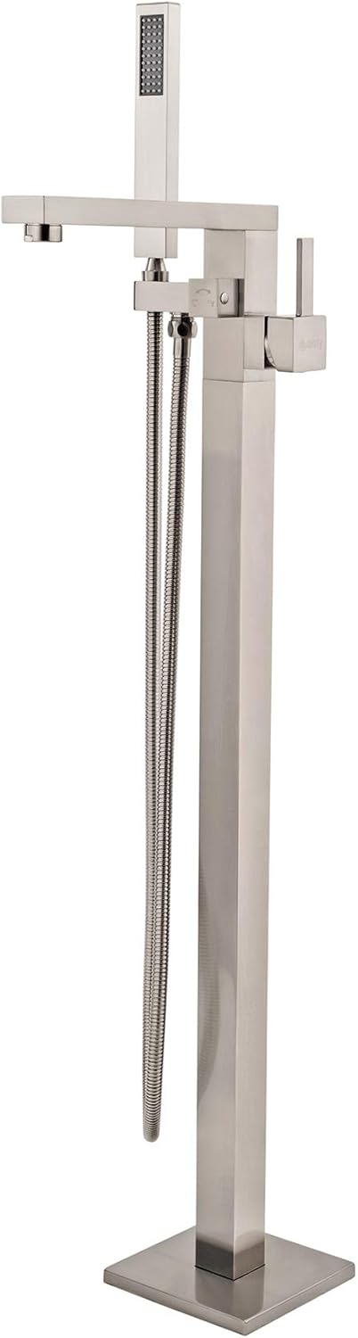 Stand Alone Tub Filler with Floor Mount – Freestanding 35in Tub Faucet – Single Handle Brush Nickel Shower – Easy Installation