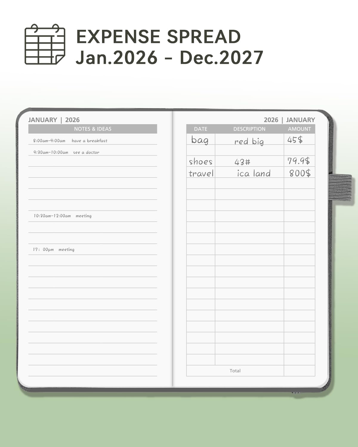 kieszonkowy planer miesięczny 2026-2027, kieszonkowy kalendarz miesięczny na 2 lata (styczeń 2026 - grudzień 2027), 4 strony na miesiąc ze stronami wydatków 8,9 cm x 15 cm, skórzana twarda