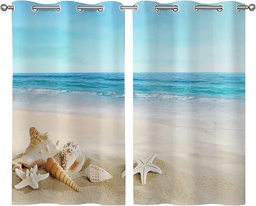 Cortinas de baño de playa de verano, diseño tropical de estrella de mar, conchas marinas, cortinas de privacidad con ojales, cortinas de ventana
