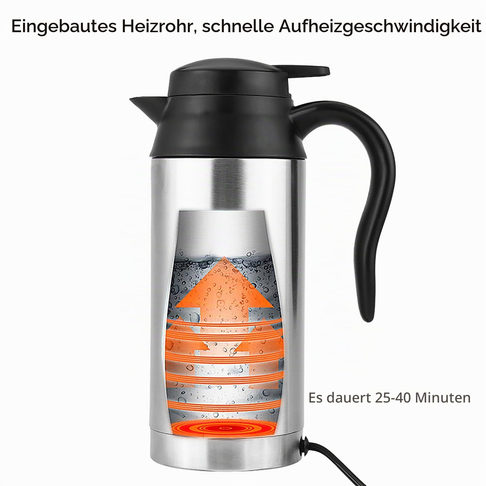 Elektrischer Wasserkocher 304 Edelstahl 12v, 750mL Wasserkocher, 120w KFZ Wasserkessel mit Zigarettenanzünder Heizbecher, Kessel mit Automatischer Abschaltung, Silber Auto
