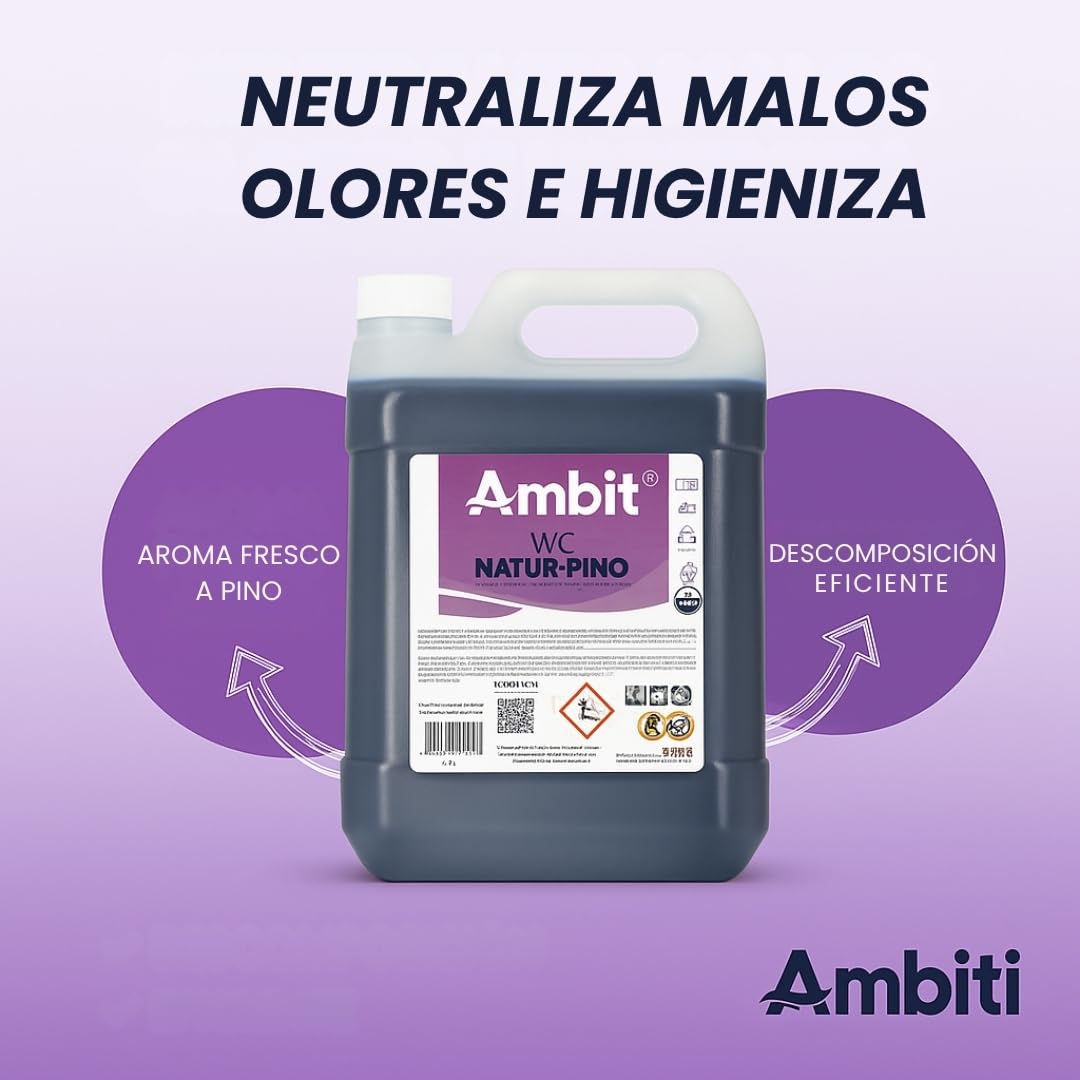 Ambiti | Natur Pino 5L | Aditivo para Depósito de Residuos Aguas Negras | Inodoros Portátiles de Autocaravanas, Caravanas y Barcos | Elimina Olores,residuos y Desinfecta | Fragancia a Pino