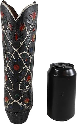 Miniatura 3 de Ebros Gift Bota vaquera de cuero rústico occidental negro con vides florales de rosas rojas y figuras decorativas o florero floral, estante de mesa,