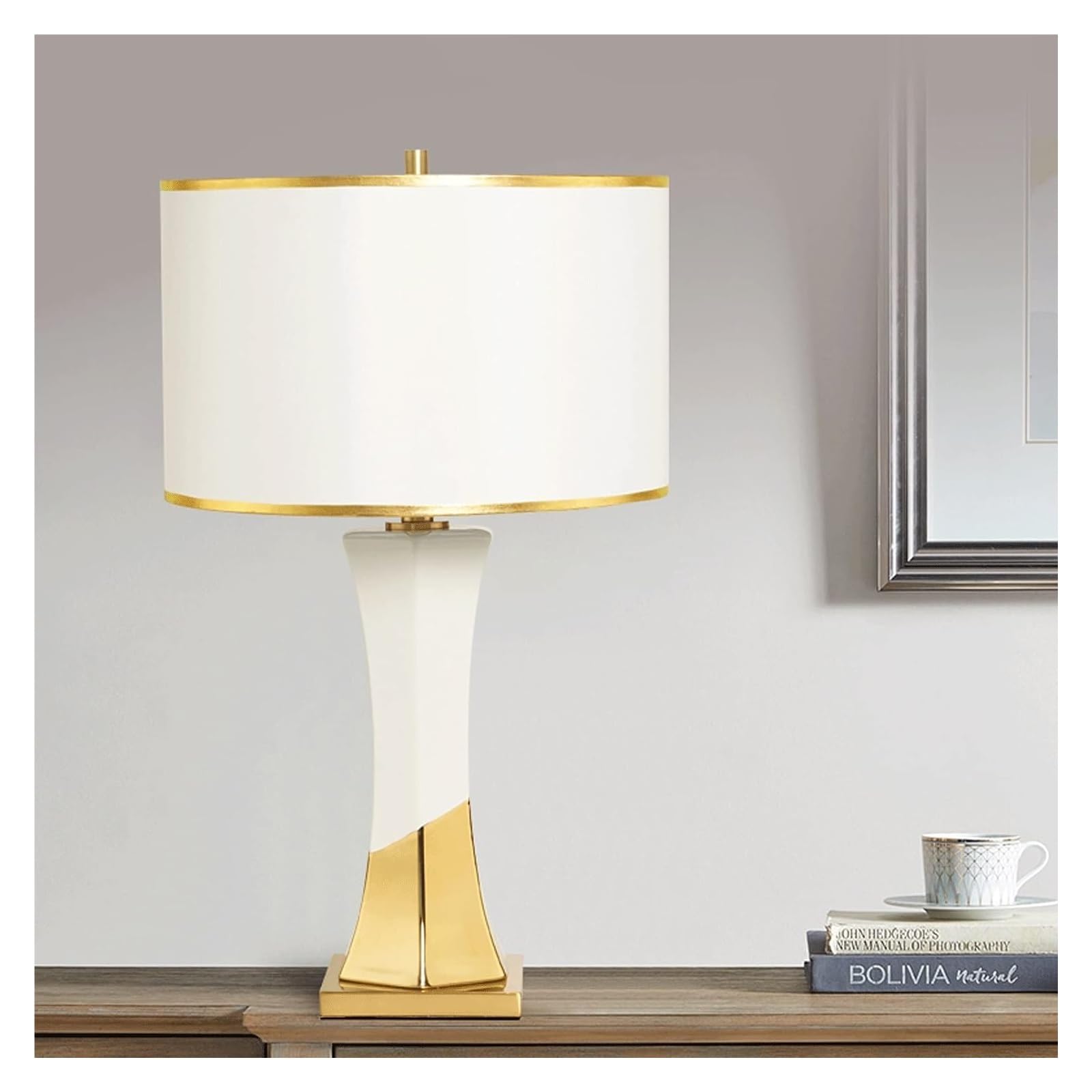 Coppia di lampade da tavolo moderne per camera da letto, girevoli in ceramica, lampade da comodino con paralume in tessuto, lampade da comodino concise, lampada a sospensione (bianco)