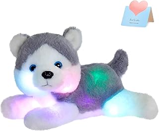 Houswbaby 13'' Gray Light Up Husky Stuffed Animal Dog Soft Plush Night Light Puppy Toy Hugging Pillow Companion Holiday Ch...