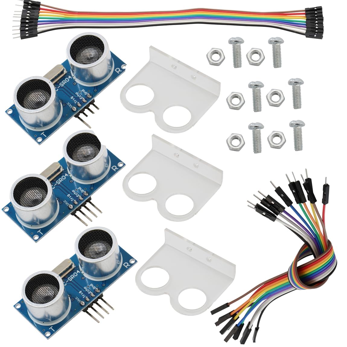 3PCS HC-SR04 Ultrasonic Sensor Ultraschallsensor-Entfernungsmodul 3.3-5v Abstandssensor + 3PCS Montagehalterung 10P Männlich-Weiblichl jumper+ 10P Weiblich-Weiblich jumpers
