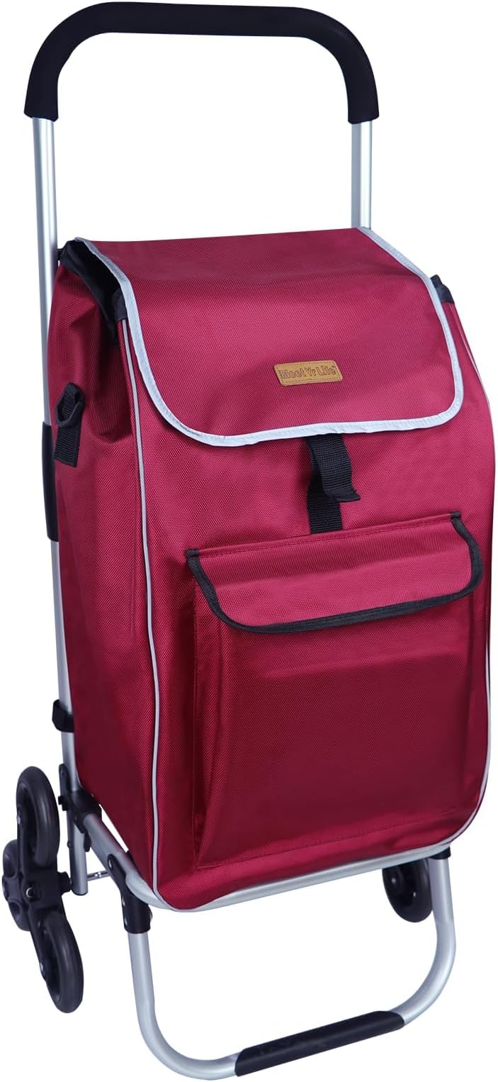 MeetYr Life Grocery Cart Foldable Aluminum Frame Lightweight and Rust-Resistant with Climbing Tricycle Wheels Removable Bag and Luggage Elastic for Supermarkets, Flea Markets(Burgundy)