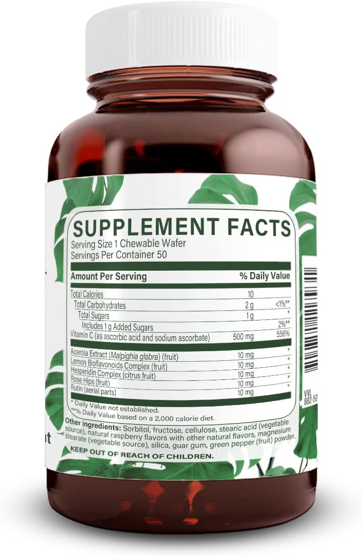 Natural Nutra Vitamin C Supplement for Kids and Adults, Immune Booster, Helps Supports Bone Health, Protect Skin and Heart Health, Improve Skin Texture, Vegetable Source, 500 mg, 50 Vegan Wafers