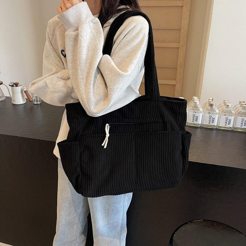 Image of Kawn Korean Tote Bag Aesthetic Corduroy Canvas Handbag for Women Zipper Casual Large Capacity Shoulder Bag with Multi Pockets Versatile Everyday use for College Work Beach Travel