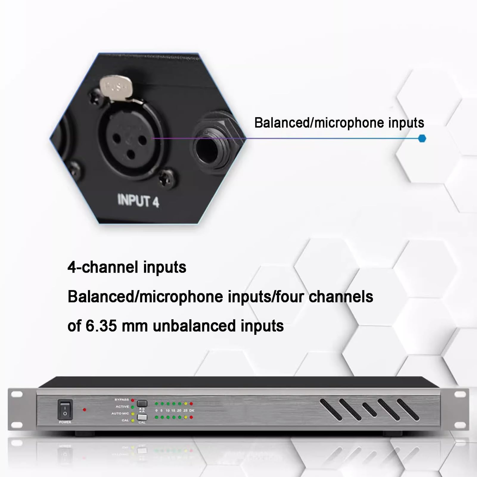 4-kanałowy tłumik sprzężenia zwrotnego, anty-wycie zmiany częstotliwości, zasilacz 48 V do mikrofonu konferencyjnego scenicznego