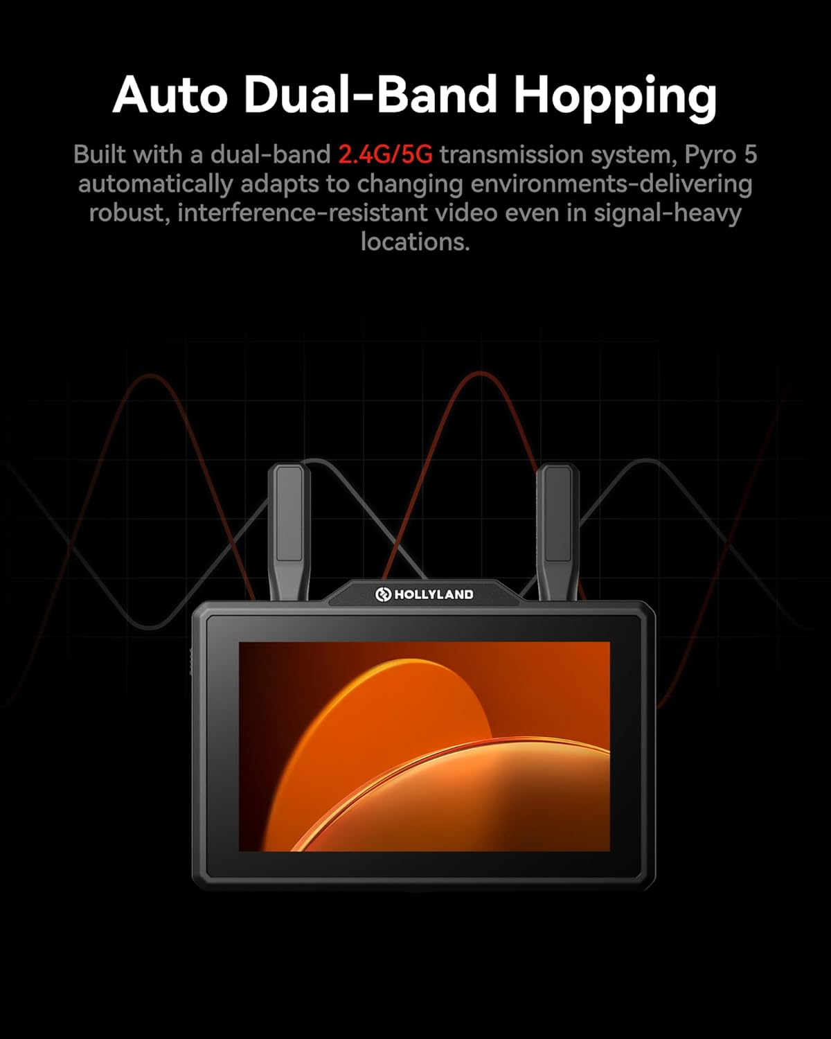 Hollyland Pyro 5 Wireless Video Transmitter & Receiver & 5.5 inch Camera Field Monitor HDMI & SDI 1300ft Range, 60ms Latency Auto Dual-Band Hopping with Waveform, LUTs, Recording, Vector Scope