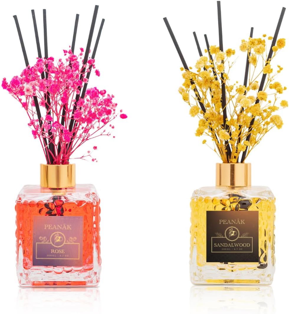 Reed Diffuser Set of 2 - Rose & Sandalwood Fragrance Oil 2 x 6.7oz (200ml) Pack of Long Lasting Scents for Home & Office,Living Room & Bathroom Shelf Decor and Gifts