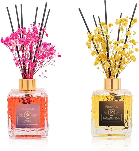 Juego de 2 difusores de varillas Aceite de fragancia de rosa y sándalo, 2 x 6.7 onzas, paquete de aromas de larga duración para el hogar y la