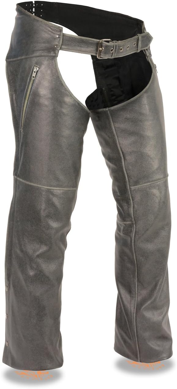 Men's Vintage Distressed Grey Leather Biker Chaps w/Zippered Slash Pockets (Large) : Automotive