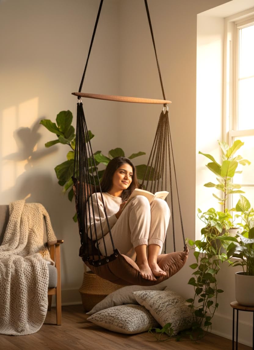 Patiofy Soft Cotton Hammock Hanging Swing for Adults & Kids/Swing Chair for Home/Jhula for Adults/Swing for Living Room/Swing for Home Balcony/Hanging Jhula Chair (Brown)-picture-0