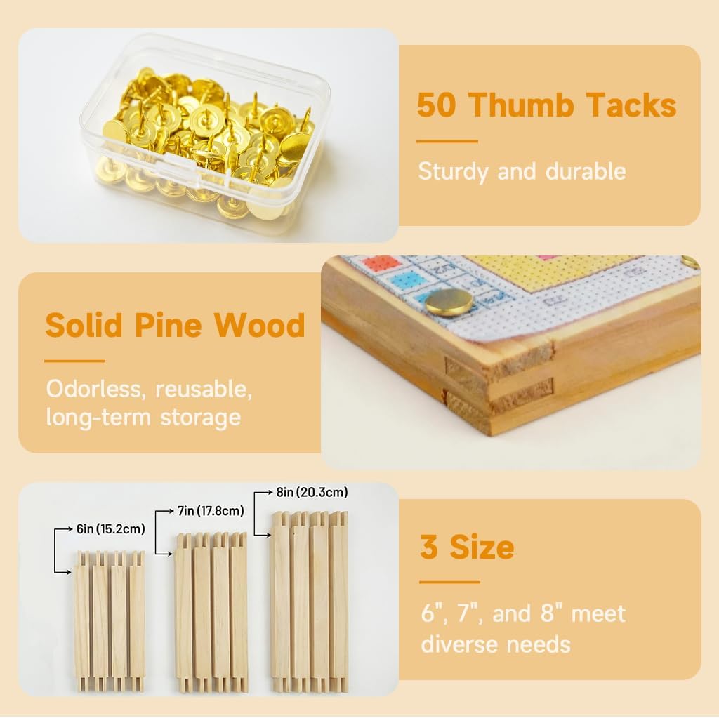12PCS Needlepoint Stretcher Bars for Needlework 6"/7"/8" with 50 Thumb Tacks,Wooden Canvas Stretcher Bars for Embroidery Stitch Frame Set Bundle（6"/7"/8"）