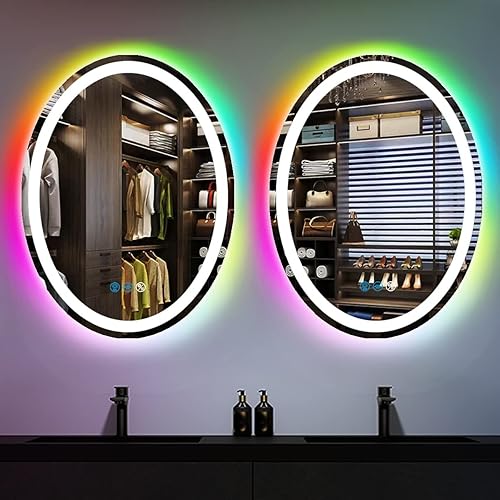 Miniatura 7 de ARUMMA Espejo ovalado de baño de 32 x 24 pulgadas con luces delanteras y retroiluminación RGB que cambian de color, espejo ovalado iluminado para