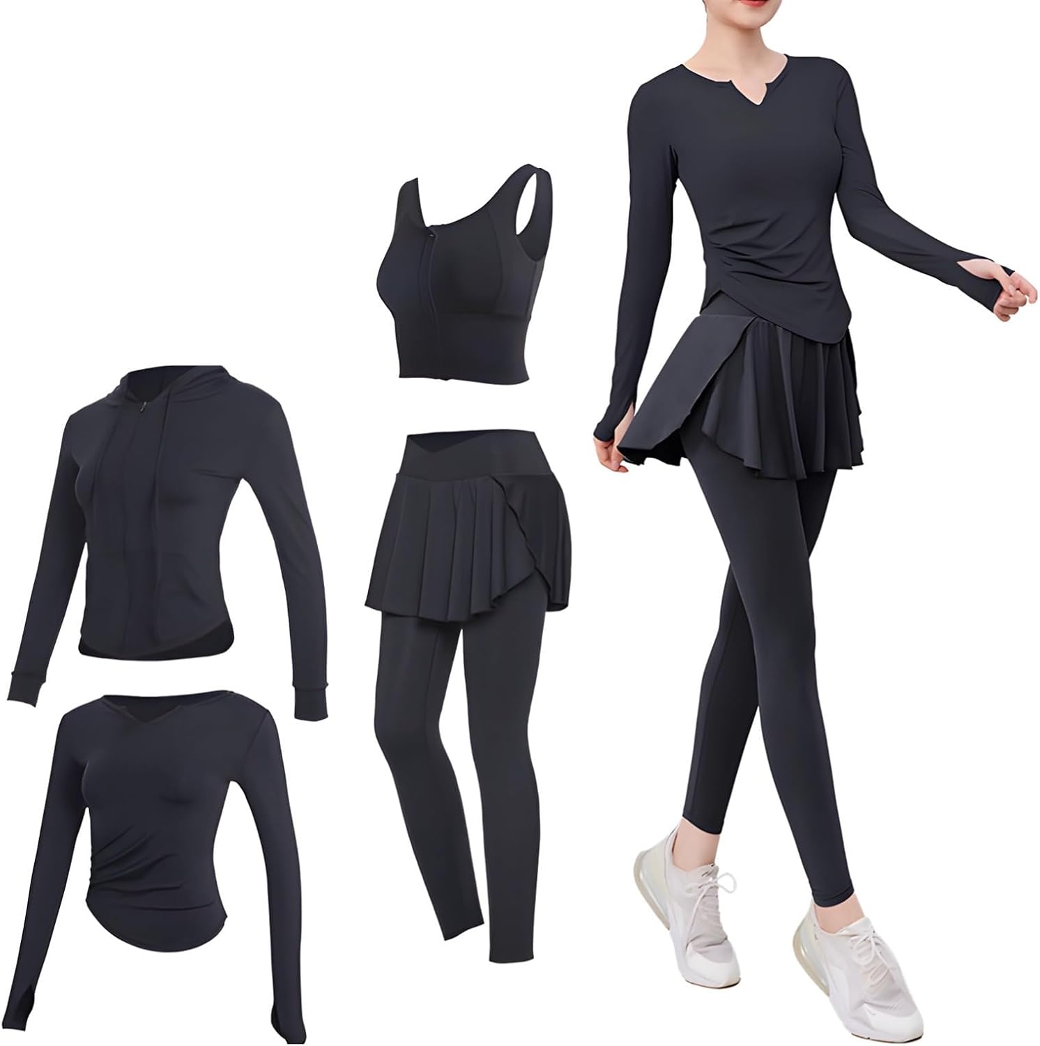 Xxl Size Fits 135-150, Pilates Workout Set For Women, Yoga Wear Four Piece Set, Jacket, Sports Bra, Long Sleeve Top Included, Breathable Polyester-Spandex Fabric