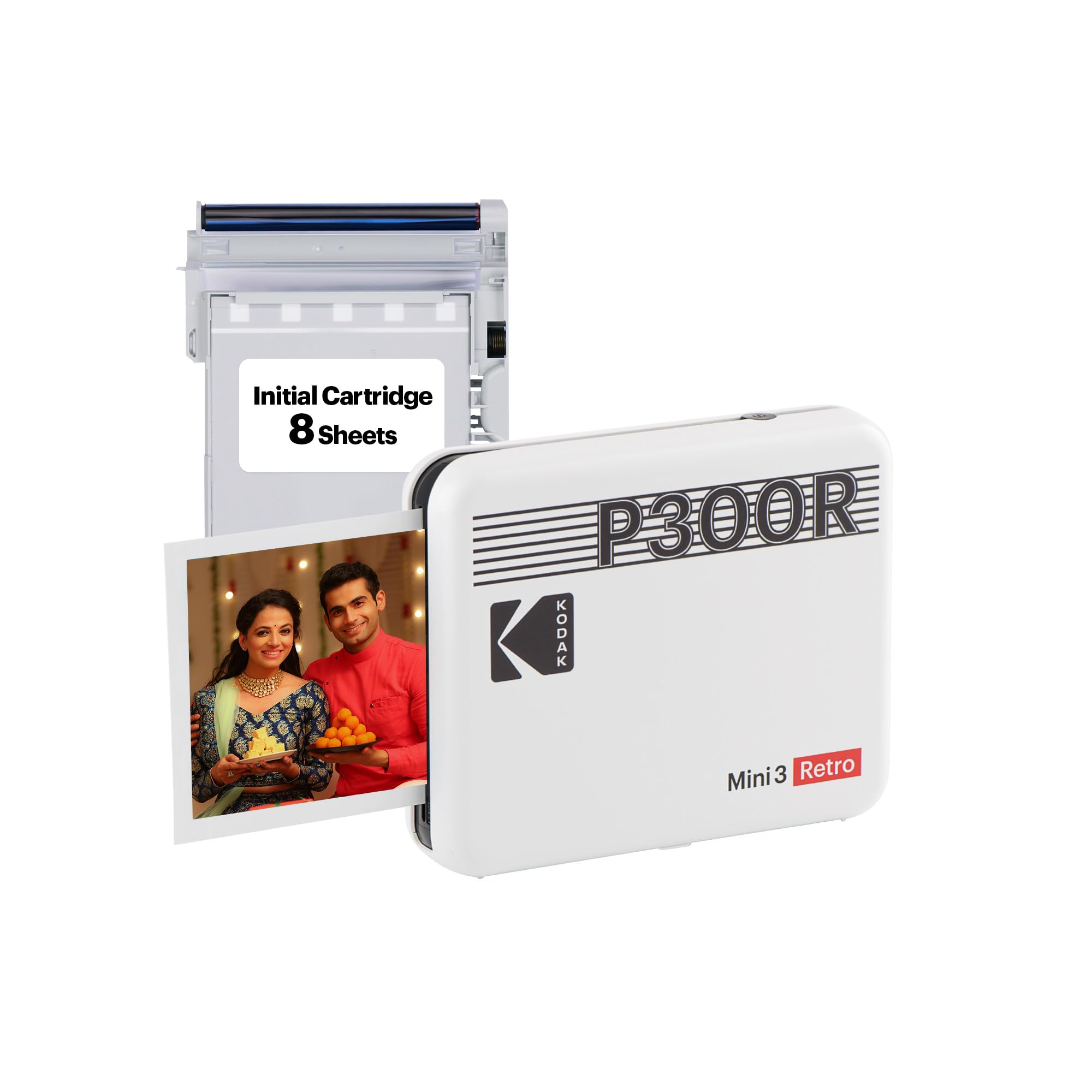 KODAK Mini 3 Retro 4PASS Portable Photo Printer (3x3) + 8 Sheets, White