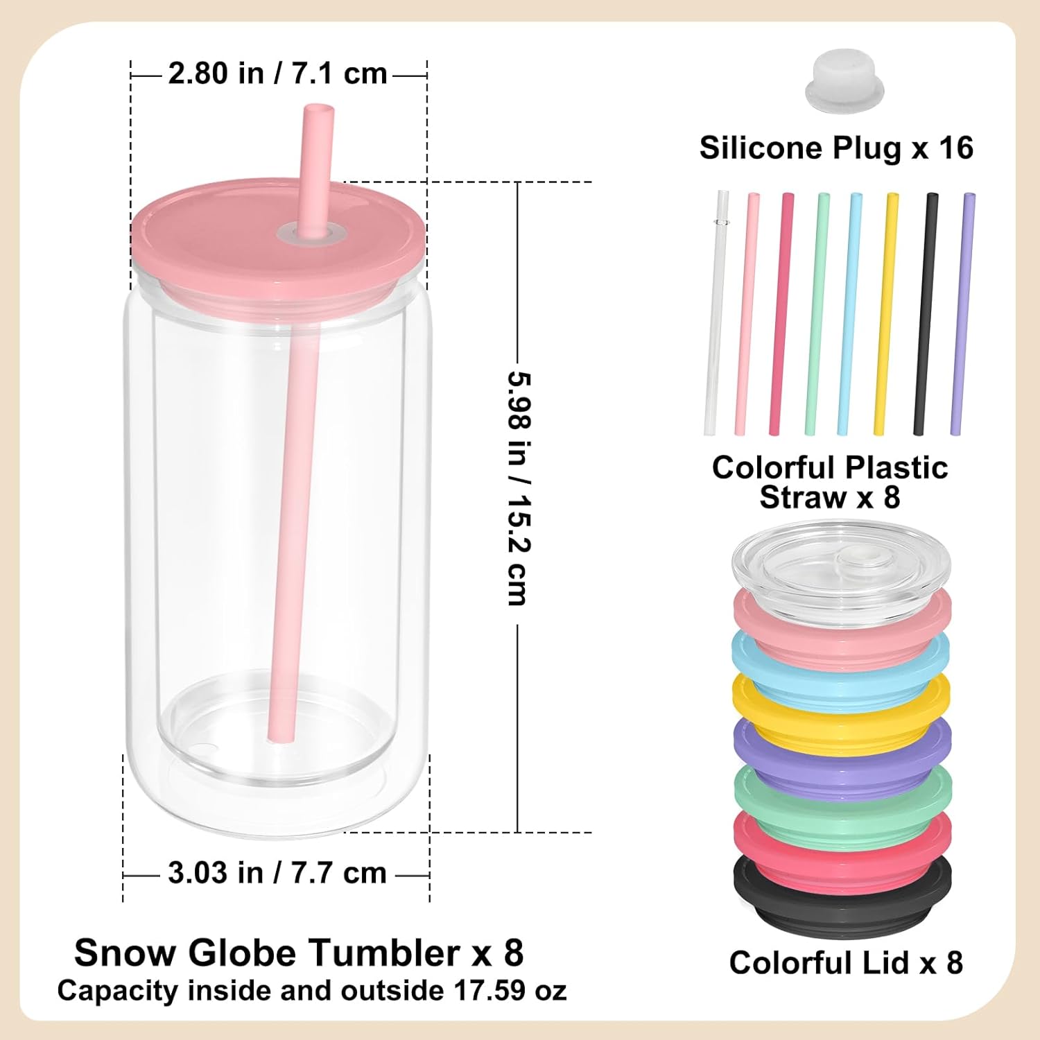 AZEAM 8 PCS Plastic Snow Globe Tumbler,16 oz Double Wall Tumbler with Pre Drilled Hole,Bulk Snow Globe Cups with Colorful Lip and Straw,DIY Glitter Snowglobe(No gold powder) - Image 7