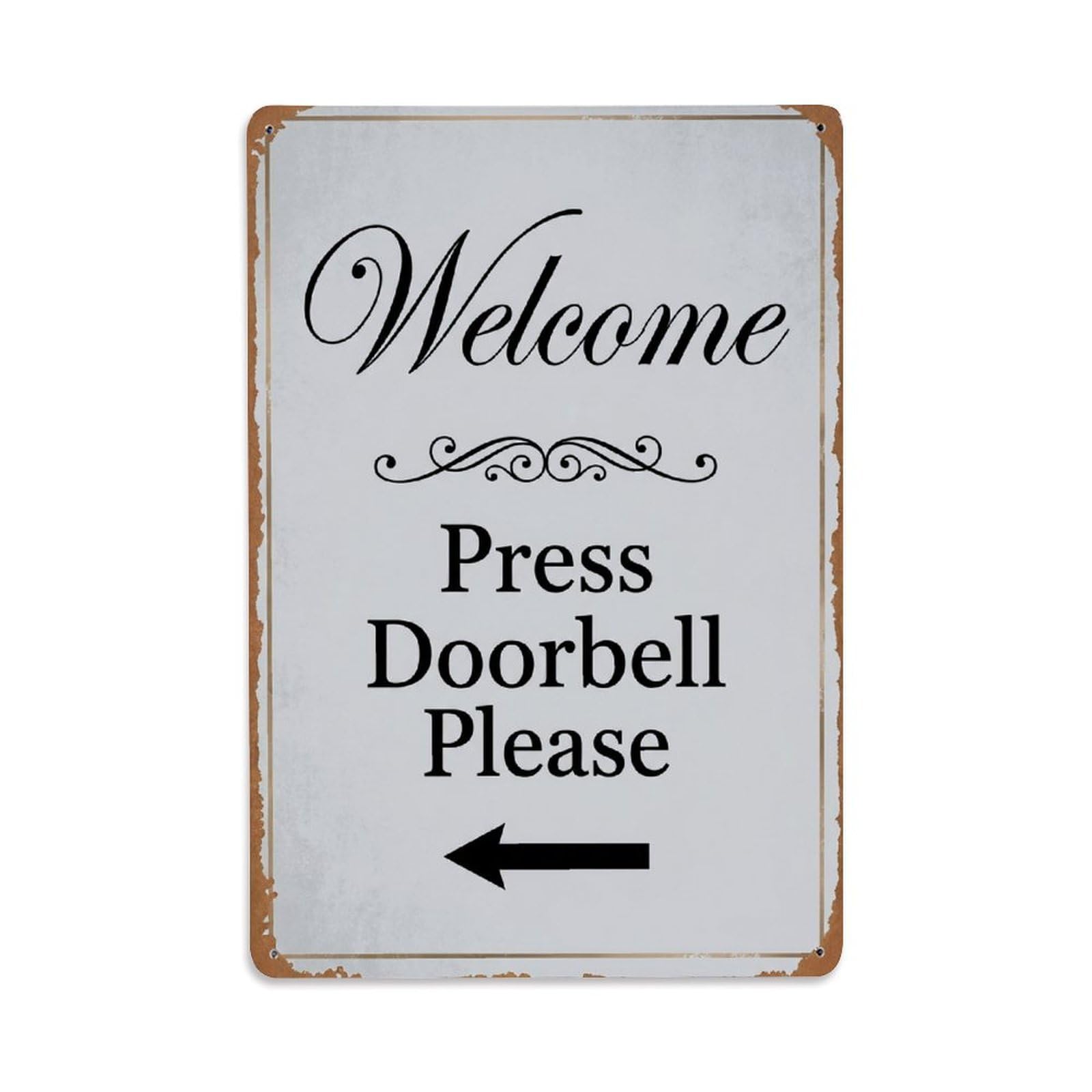 Vintage Welcome Press Doorbell Please Arrow Scroll Metal Tin Sign
