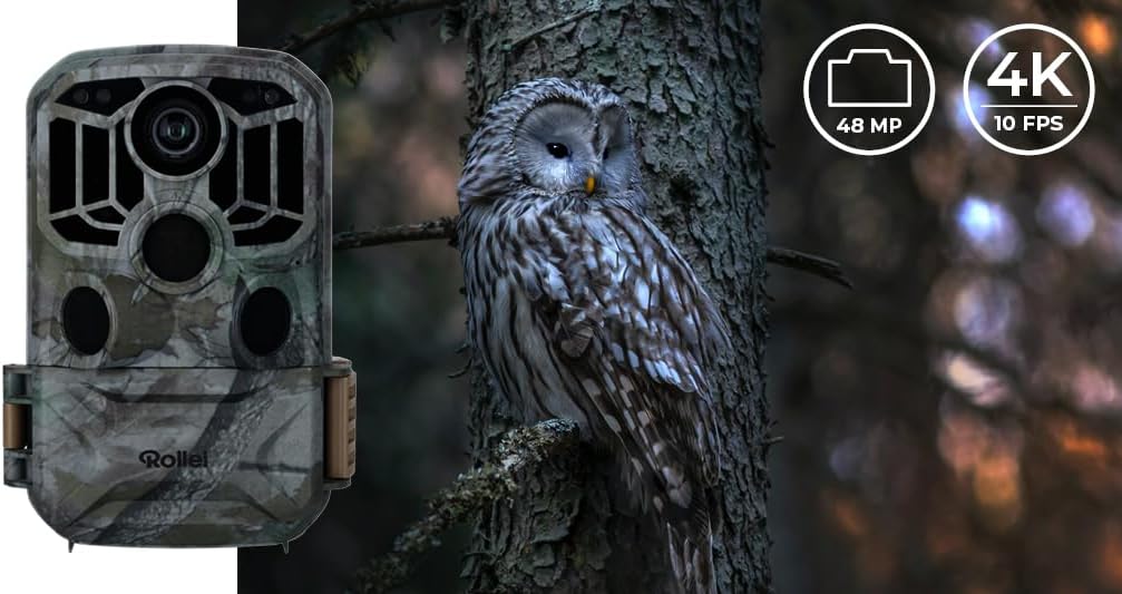 Rollei 4K WiFi Trail Camera capturing an owl with 4K and 48MP icons