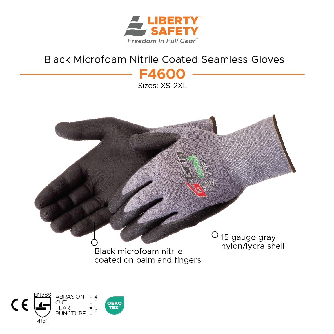 Liberty F4600 G-Grip Micro-Foam Nitrile Palm Coated Seamless Gloves with 15-Gauge Nylon Shell | Ideal for Automotive, Manufacturing, General Purpose | Gray/Black, Medium (Pack of 12)