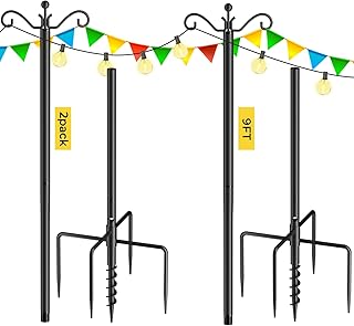 String Light Poles 2-Pack,9FT Poles for Outdoor String Lights,Adjustable Metal Light Pole Stand, Light Poles with Hooks & 5-Prong Spiral Sturdy Anchor for Garden, Weddings, and Parties