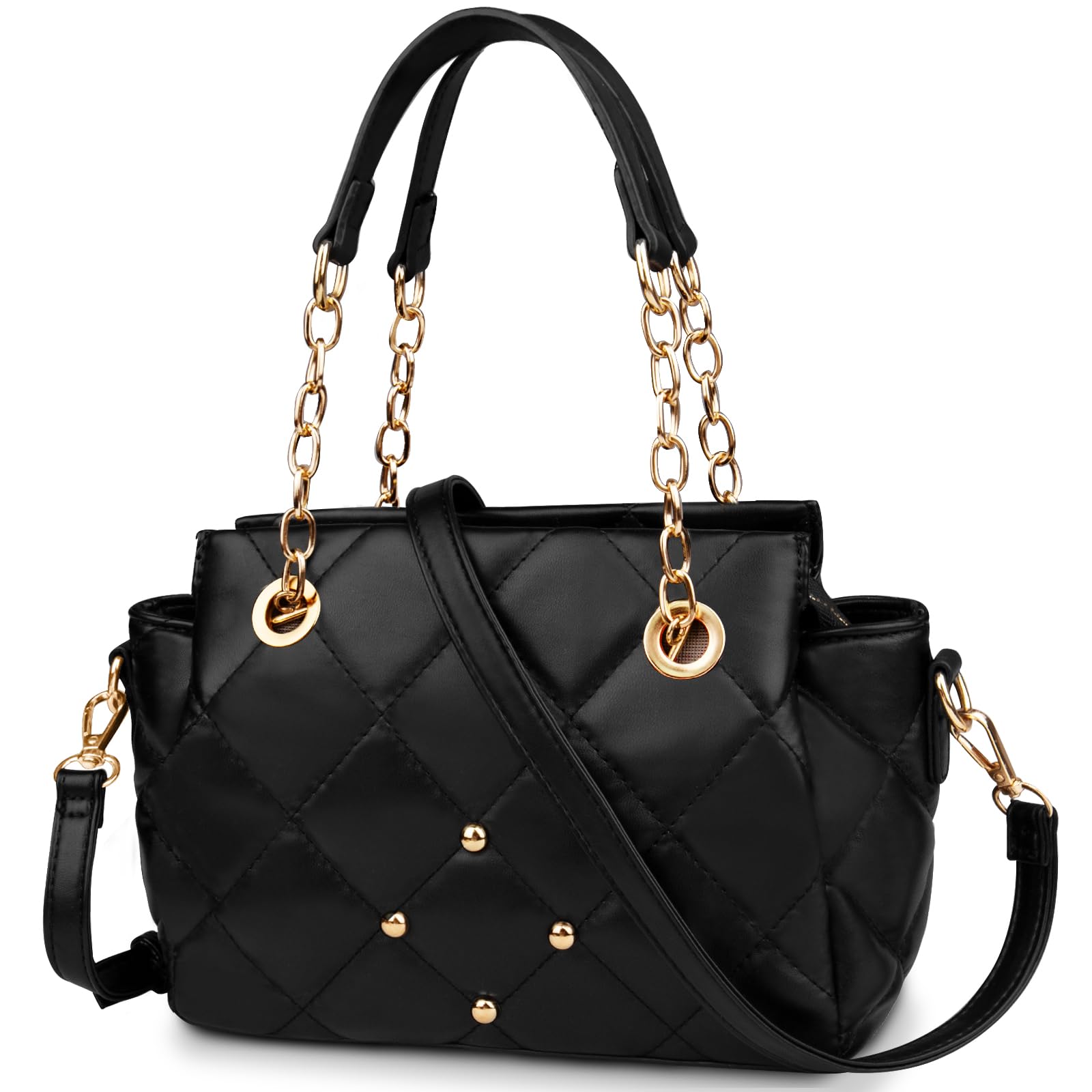 Quilted Crossbody Bags for Women Trendy Vegan Leather Purses and Handbags Designer Ladies Top Handle Satchel Purses with Strap Black