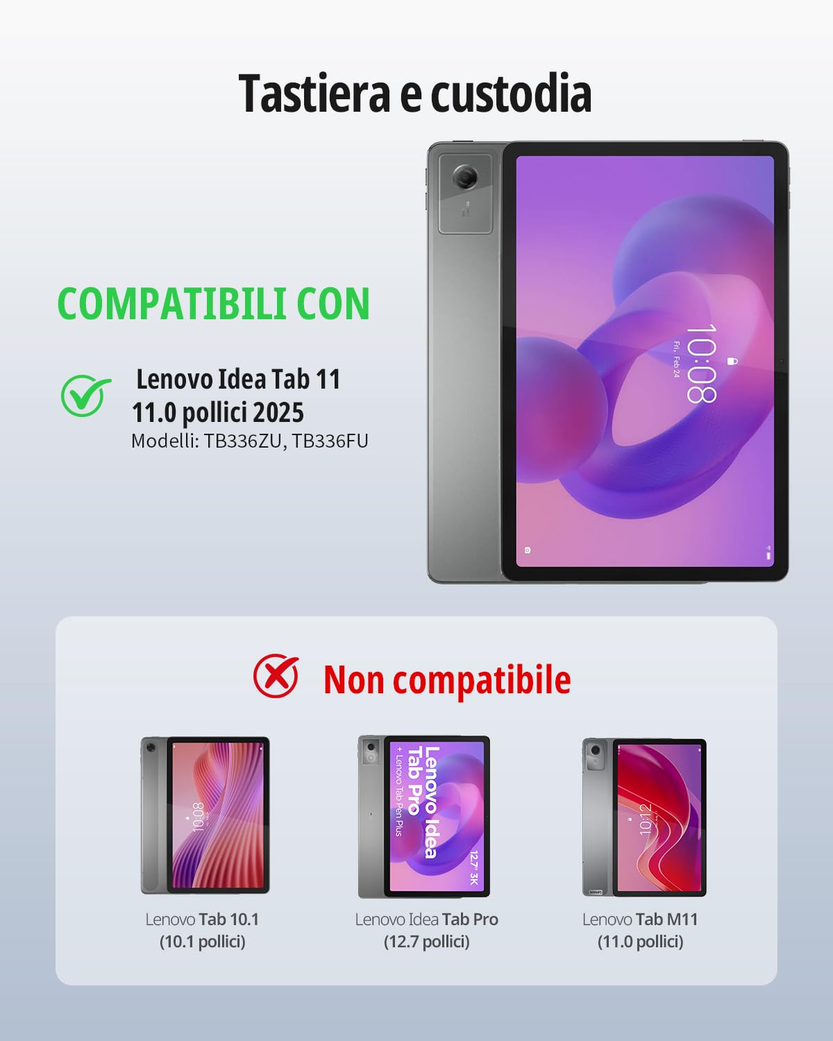 CACOE Cover con Tastiera Compatibile con Lenovo Idea Tab 11 Pollici Tablet 2025 con Touchpad, Custodia con Portapenne Tastiera Wireless Staccabile con Illuminazione a 7 Colori, Nero