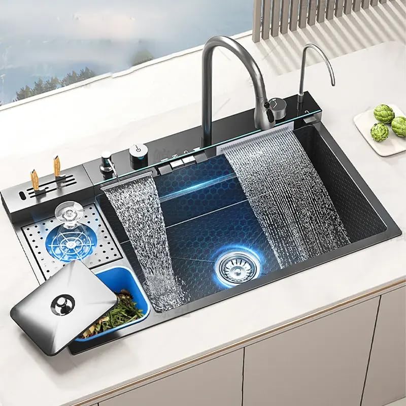 Image of B Backline Single Bowl Kitchen Sink - 32 inch X 19 inch X 9 inch Inches | Smart Kitchen Sink With Waterfall Tap & Dustbin | 304-Grade Stainless | All In One Sink With All Accessories - Black Matt Color
