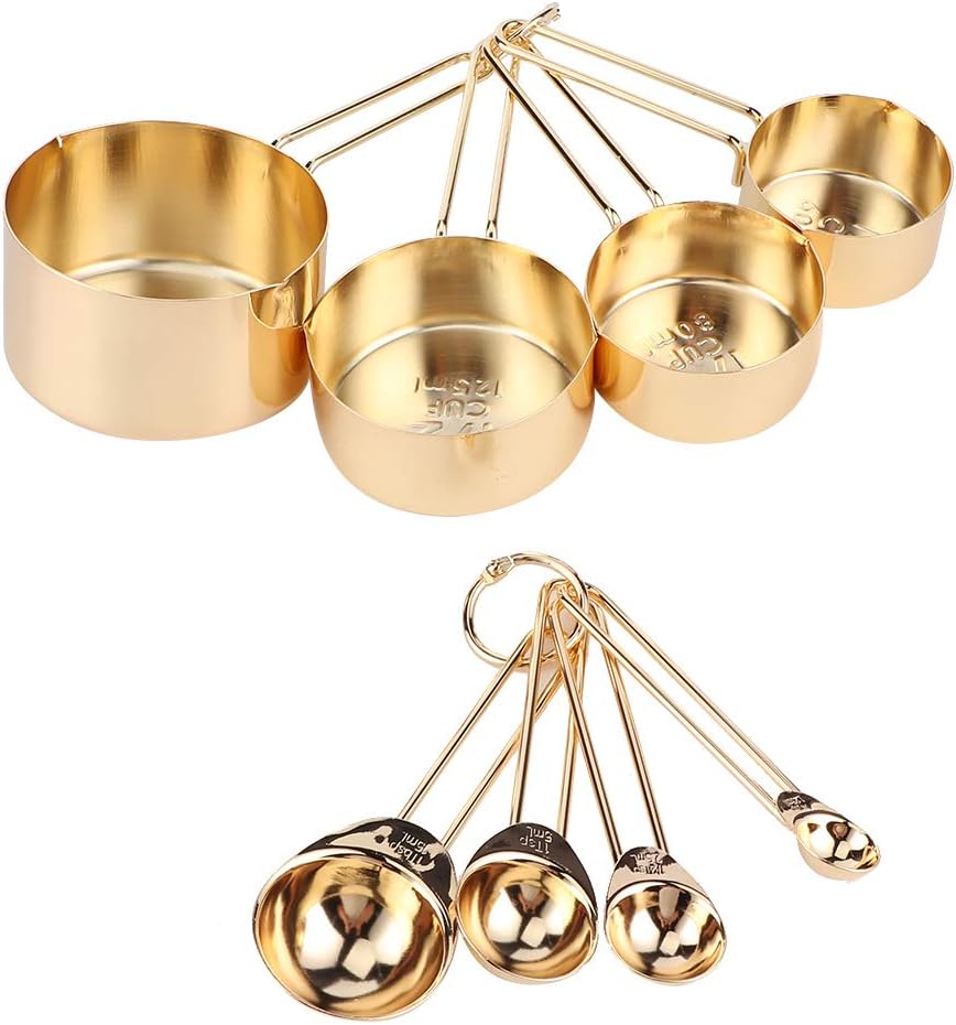 8Pcs Stainless Steel Measuring Cup Spoon Set, Stainless Steel Measuring Cups and Measuring Spoons Set with Scales Home Kitchen Baking Accessory(Color:Gold) (Gold)