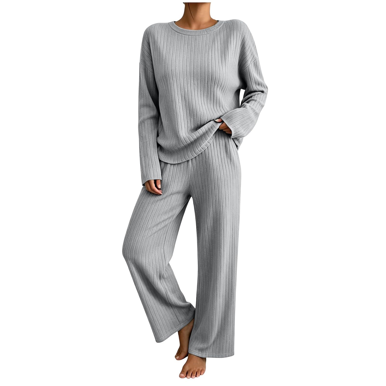 Conjunto Punto Mujer,Traje de Casa Jersey Manga Larga y Pantalones Anchos