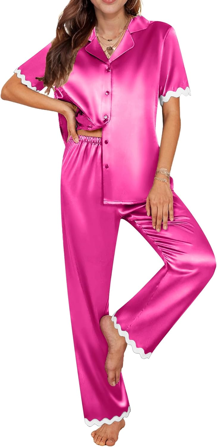 Ekouaer Womens Silk Satin Pajamas Set Button Down 2 Piece Pjs Short Sleeve Long Pants Sleepwear Lounge Set, S-XXL