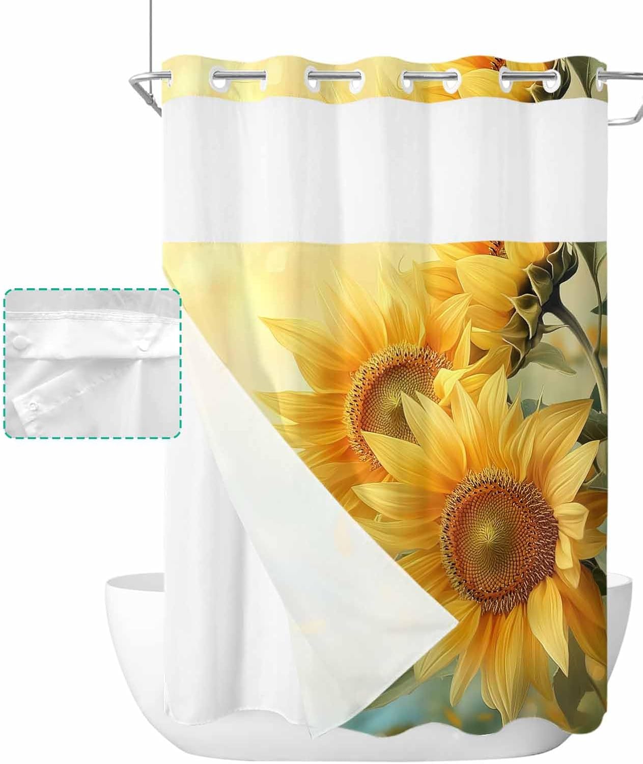 Sunflowers No Hook Shower Curtain with Snap in Liner Waterproof Fabric Shower Curtain Set for Bathroom Botanical Watercolor Yellow Flowers Plants Shower Curtain with See Through Top Window 60"x72"