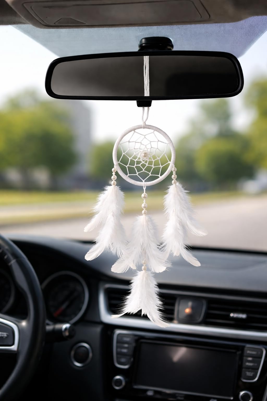White Dreamcatcher for Car Rearview Mirror - Boho Feather Hanging Ornament, 9x3 Inch, Peaceful Driving Decor, Great Gift-image-8