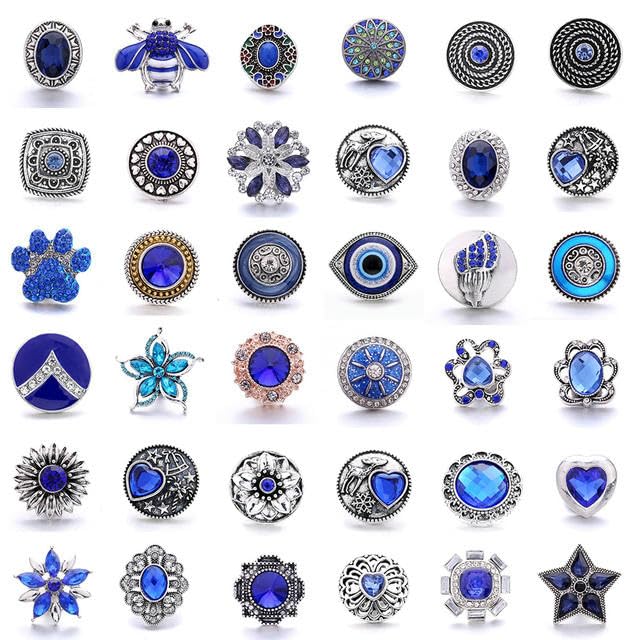 5pcs/lot Snaps Jewelry Blue Rhinestone Flower 18mm Metal Snap Buttons Fit Metal Snap Bracelet Necklace Jewelry Gift-HH5-DBL2