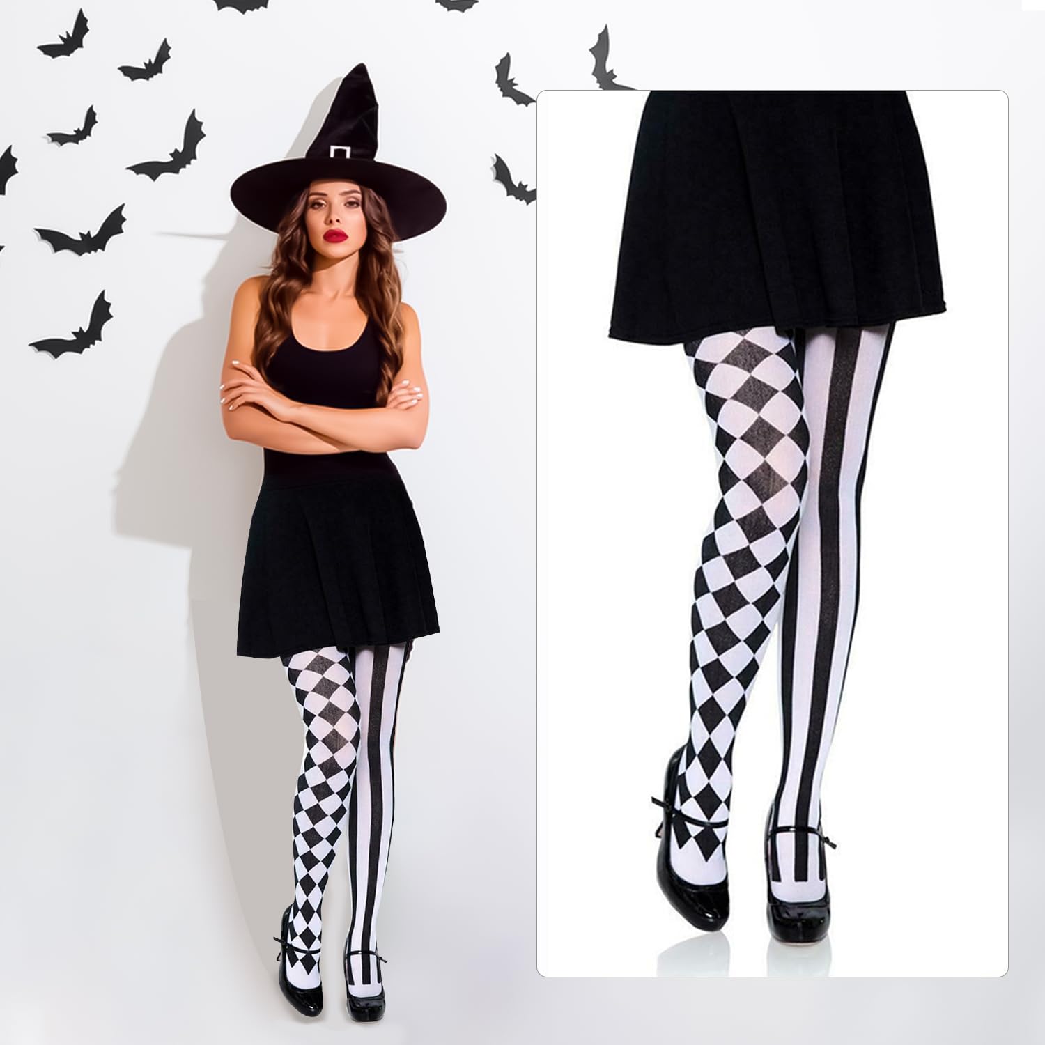 Lezevn Ladies Harlequin Tights Full Footed Diamond Tights Thigh High Stockings Pantyhose for Halloween Fancy Dress Costume - Image 2