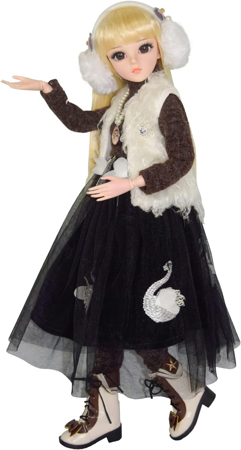 Proudoll 1/3 BJD Doll 60cm 24in SD Ball Jointed Dolls Daily Outfits Suit Wig Clothes Shoes Free to Change DIY Girl Gift (Doll + Full Accessories, Black-XL)