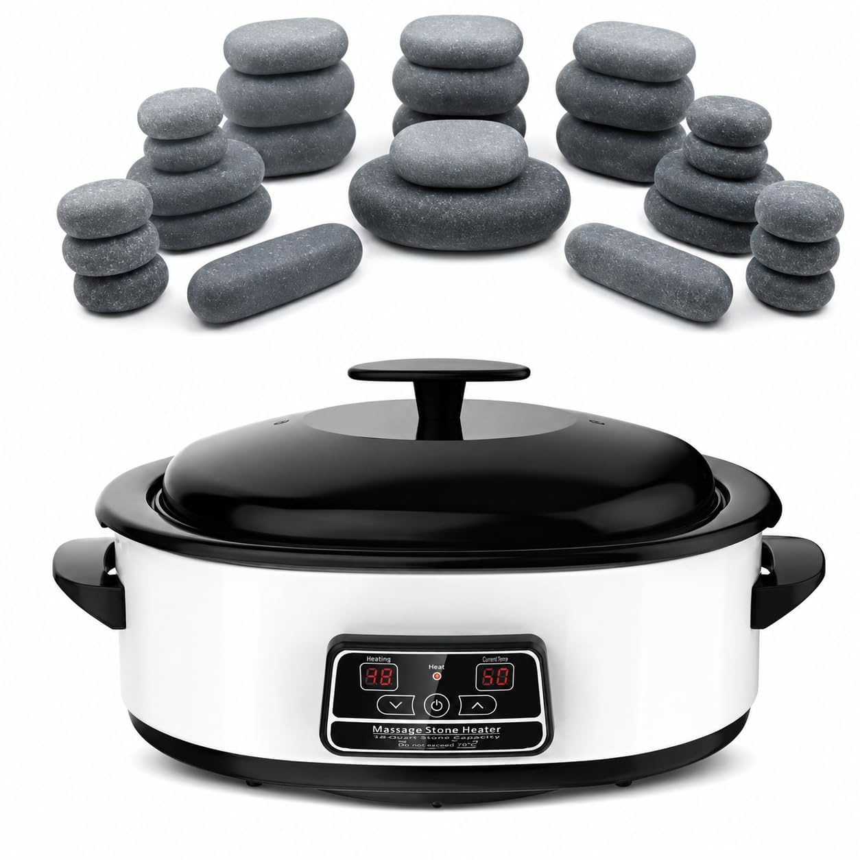 Kit de piedras de masaje de basalto de 27 piezas con calentador digital para relajación de spa en casa y masaje con piedras calientes