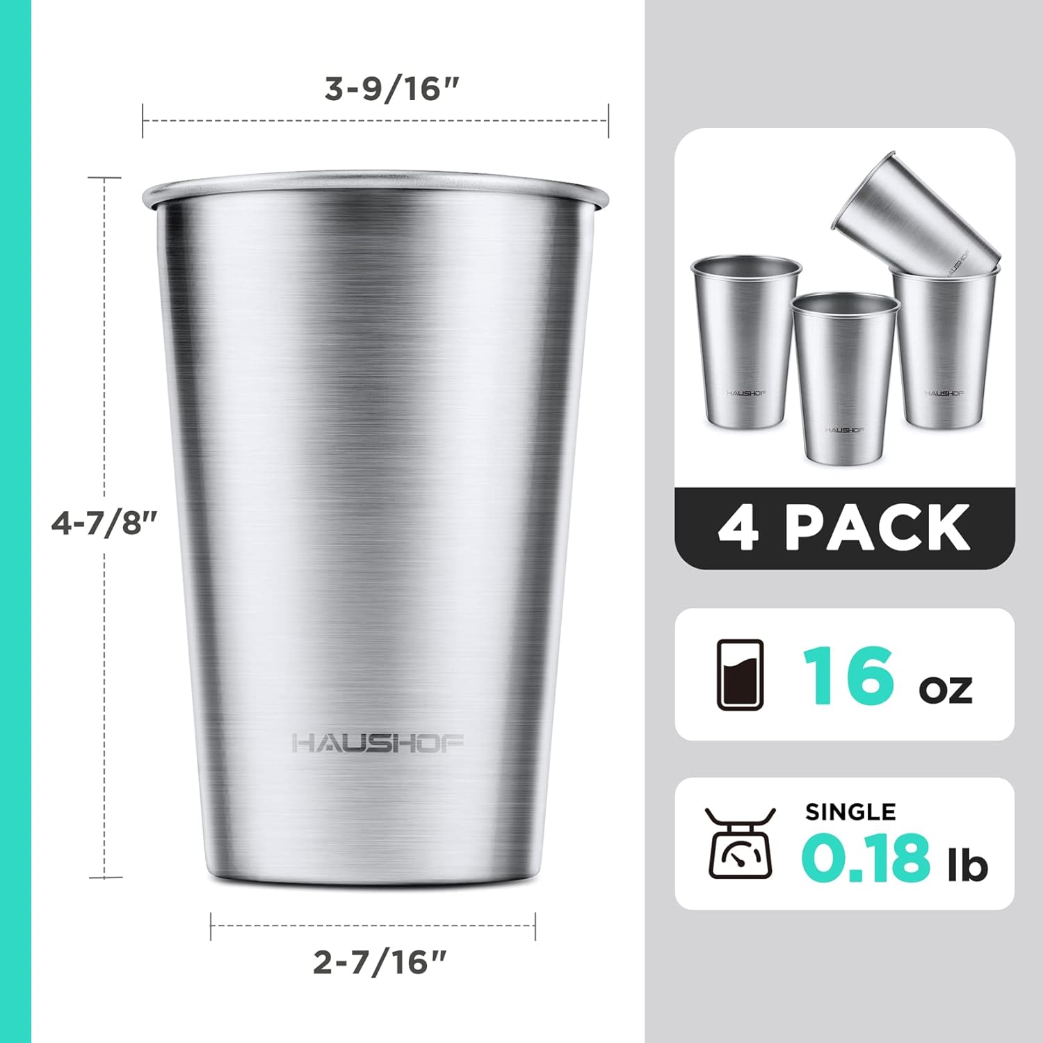 HAUSHOF Pint Cup, 16 oz Stainless Steel Cups, Stackable Metal Drinking Cups, Stacking Beer Pint Cups for Home, Party, Camping, Outdoor, Unbreakable, 4 Pack - Image 3