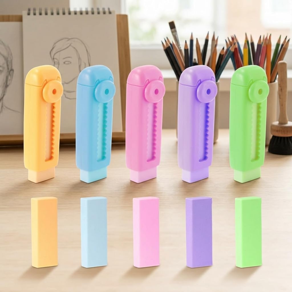 Retractable Pencil Eraser with Holder Push Pull Refillable Set