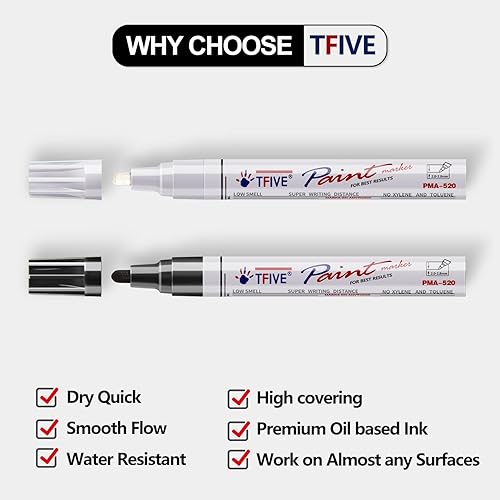 Miniatura 2 de TFIVE Rotuladores permanentes de pintura  Paquete de 2 rotuladores a base de aceite blanco y negro, punta media, impermeables y de secado rápido,