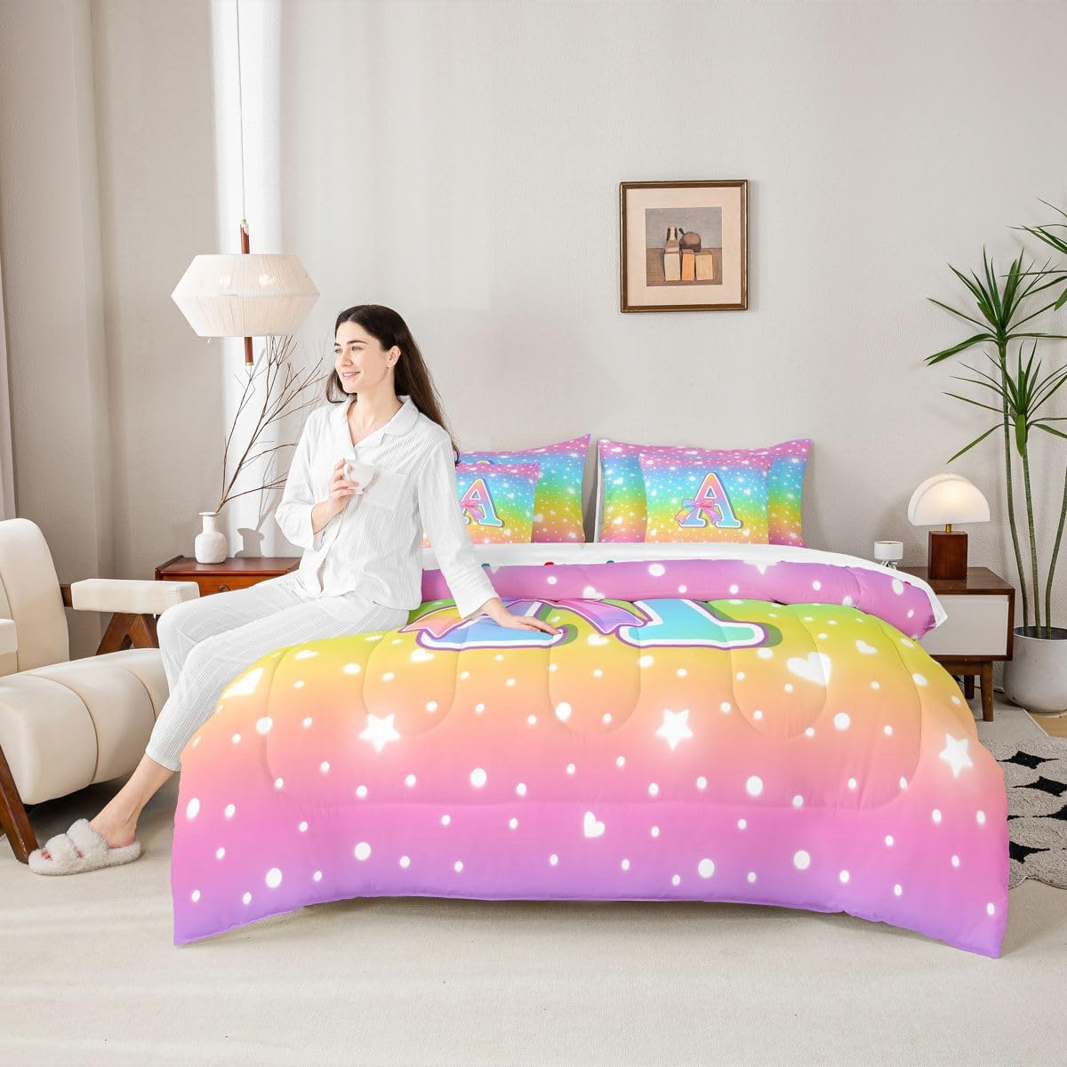Erosebridal Rainbow Bed in A Bag Queen | Initial A Letter 7 Piece Comforter Set Cute Rainbow Ombre Princess Bed Sheets Reversible Stars Pattern Glitter Tie Dye Fitted Sheet Breathable Lightweight