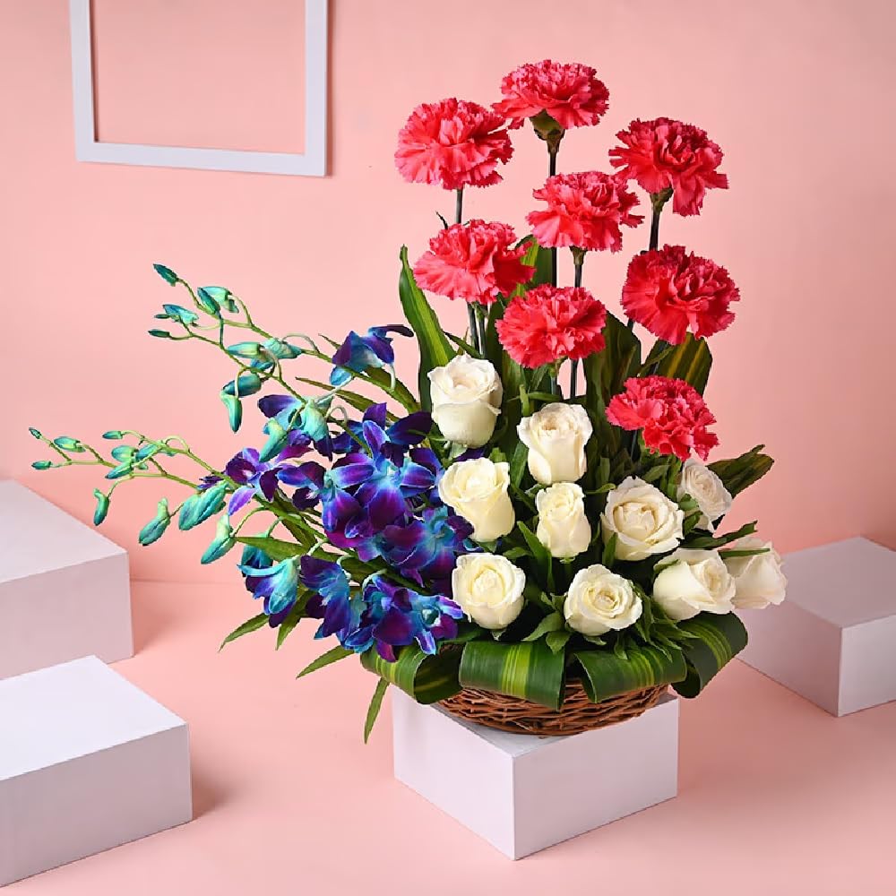 FlowerAura Fresh Live Flower Bouquet of 8 Carnations, 8 Roses & 4 Blue Flowers In Wooden Basket For Birthday & Anniversary Gift, Mother's Day Gift, Romantic Gift, Father's Day Gift (Same Day Delivery)-image-17